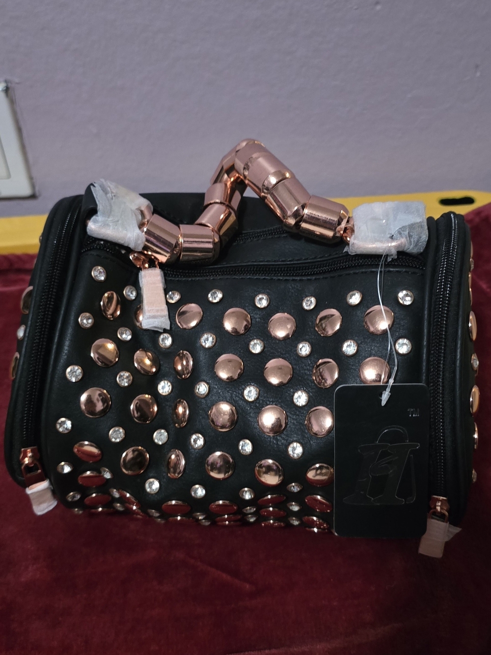 Black Medium Barrel Bag with Rose Gold Studs